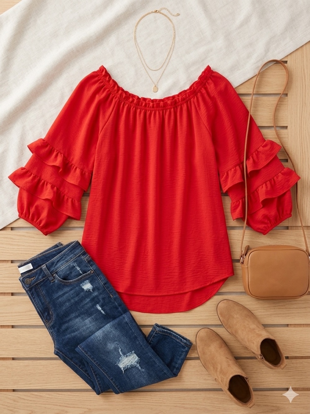 Cato Red Off-Shoulder Ruffle Sleeve Top